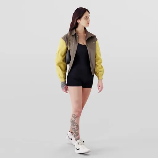 Detailed Blender 3D model depicting a stylish female figure with tattoos and trendy attire, ideal for graphic design.