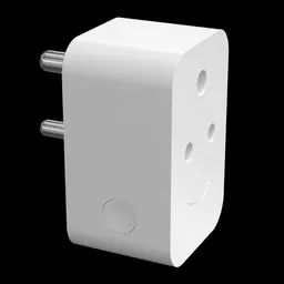 Realistic 3D rendering of a white smart plug for home automation, compatible with Alexa, isolated on a black background.