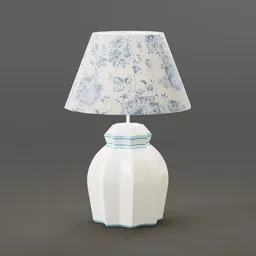 "Blender 3D model: Lamp Sided Table for ceiling light category, featuring a white lamp with a blue flowered shade. A smooth 3D illustration inspired by Annabel Kidston, with 3Dcoat h 648 texturing and phong shading. Trending on artforum, and perfect for pixar rendering. Created by Jacob Koninck, this 3D model captures the essence of knickknacks and brings an elegant blue and white touch to any scene."