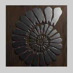 "3D model of 'Panno abstraction' created in Blender 3D by Way2Wood. This painting-inspired model features a metal flower on a wooden surface, with raytracing effects, ammonites, and highly reflective surfaces. Inspired by artists Mads Berg and John McLaughlin, this AI-generated artwork showcases a stylized stone cladding texture and polished metal elements. Explore this captivating blend of grayscale monochromatic tones and clipboard-inspired design for your Blender 3D projects."