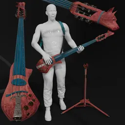 "Joboline Bastian Bass III Dog 3D Model for Blender 3D - A unique and colorful bass guitar with a dog head figure, additional knee horn, and versatile playing options. Featuring hand-hammered bridge, Delano pickup, and no need for batteries, this instrument is perfect for any bard or musician. Comes with a bass stand, cello bow, and strap for horizontal playing."