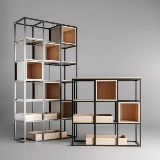 Black metal frame modular shelving with wood shelves for modern interiors, 3D model designed in Blender.