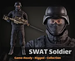 Detailed 3D SWAT character fully rigged for animation in Blender, with tactical gear and rifle.