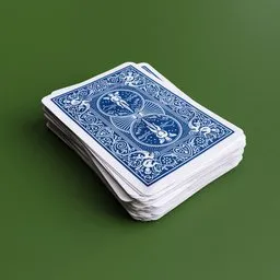 "Photorealistic 52 Play Cards in Blender 3D: Close-up of a stack of playing cards on a green surface. Textured and made with love in Berlin, this 3D model is perfect for your Blender 3D projects."