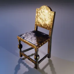 Intricately designed 3D medieval dining chair with ornate gold details and luxurious upholstery, compatible with Blender.