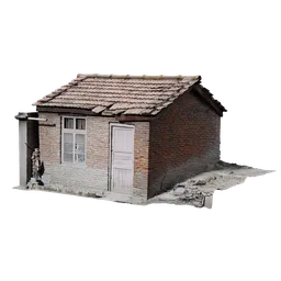 Detailed 3D old brick house model with textured surfaces, ideal for Blender rendering and architectural visualization.