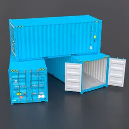 Low-poly 3D model of blue 20ft shipping container, open doors, Blender compatible, versatile for games and visualization.