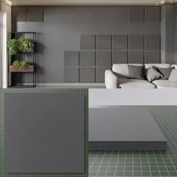 Detailed 3D model of a customizable acoustic square panel for Blender, showcasing variation in a modern room setup.