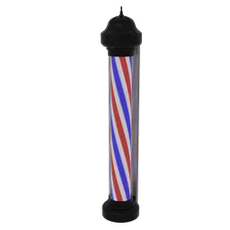 "Procedural textured barber pole in 3D modeled with Blender software. Features red, white, and blue stripes and a curly middle part haircut design. Inspired by Washington Allston and perfect for adding a touch of classic Americana to your Blender creations."