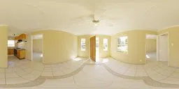 360-degree HDR image of an unoccupied, well-lit room with yellow walls and tile flooring for lighting scenes.