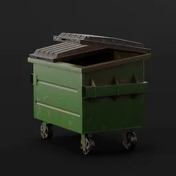 "Highly detailed green dumpster with a lid, suitable for industrial container environments in Blender 3D. Ideal for architects, game developers, and AI app designers seeking a well-rendered 3D model with raytraced highlights. Perfect for adding realism to virtual worlds or as a reference sheet for character modeling."