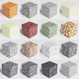 Variety of textured cube blocks for 3D Minecraft scenes, render-ready for Blender, ideal for digital landscape crafting and design.