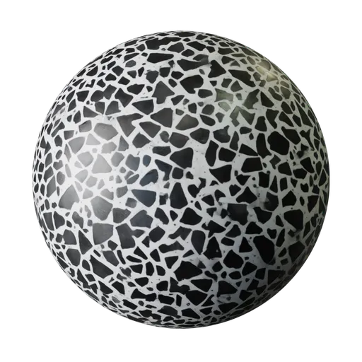 Black and white terrazzo PBR texture for 3D modeling in Blender, ideal for modern floor design with dramatic contrasts.
