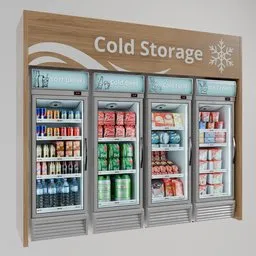 Detailed 3D model of a fully stocked refrigerated display with various products, created in Blender.