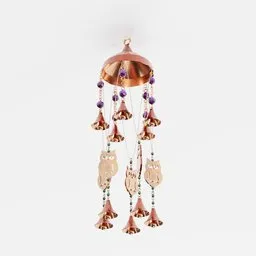 Realistic 3D model of hanging copper wind chimes with intricate designs and purple beads, created in Blender.