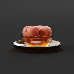 "Ripe apples in a glass bowl - a photorealistic 3D model for Blender 3D. Inspired by Leonaert Bramer, this raytraced render features a bowl of apples on a plate with a spoon. Rendered on Unreal 3D with an anamorphic lens, this trending model is perfect for creating stunning visuals."