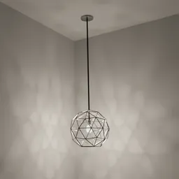 "Geometric hanging ceiling light rendered in 3D with three material options available. Hexglow design with a polyhedral, tesseract shape and 360-degree panorama render. Official product photo with no light penetration to room. Perfect for use in Blender 3D."