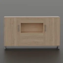 Wooden 3D model of a minimalist sideboard with three doors, rendered in Blender, suitable for interior design.