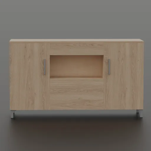 Wooden 3D model of a minimalist sideboard with three doors, rendered in Blender, suitable for interior design.