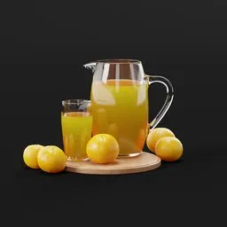 Realistic Blender 3D model of a full glass pitcher and cup of orange juice with fresh oranges on a wooden tray.