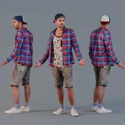 Surprised young male 3D model in casual attire with backward cap, ideal for Blender 3D projects.