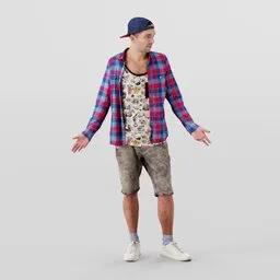 Surprised young male 3D model in casual attire with backward cap, ideal for Blender 3D projects.