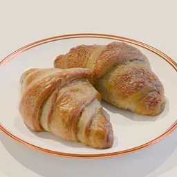 Realistic 3D Blender model of freshly baked croissants on a white plate suitable for food visualization.