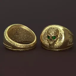 Detailed 3D rendering of gold skull signet ring with emerald eyes on a dark backdrop, showcasing texture and design.