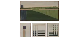 Detailed 3D model rendering of four modern art canvases with geometric designs in a minimalist style, compatible with Blender.