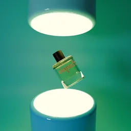 Innovative 3D-rendered levitating perfume bottle scene, showcasing artistic light play and shadow effects.