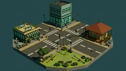 Isometric Blender 3D low poly town scene with buildings, park, roads, and street furniture.