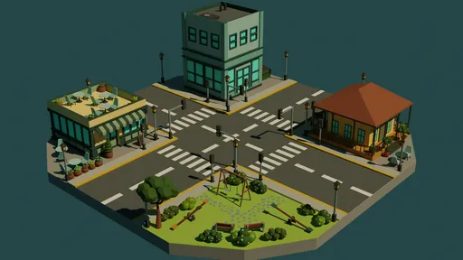 Isometric Blender 3D low poly town scene with buildings, park, roads, and street furniture.