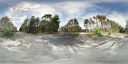360-degree HDR panorama of a tranquil forest crossroads with dynamic lighting for scene illumination