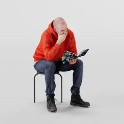 Bald 3D male model in hoodie reads science journal attentively, suitable for Blender rendering projects.