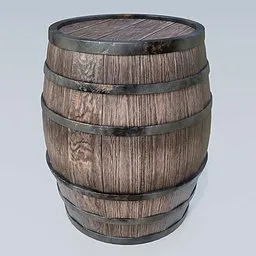 "Rustic Wooden Barrel - A detailed 3D model for Blender 3D with 4k PBR wood textures, featuring worn regions and rusted metal straps. Perfect for industrial container scenes in cinema, video games, or architectural renderings."
