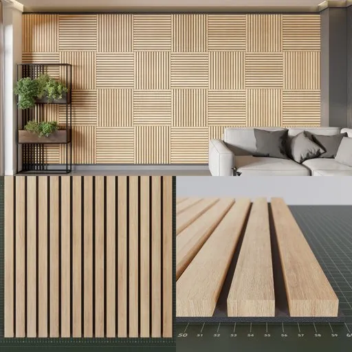 Realistic 3D model of acoustic wood panels with customizable textures for Blender, ideal for architectural rendering.