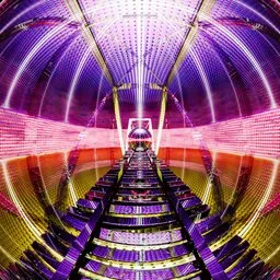 Vibrant 3D-rendered journey through a colorful illuminated tunnel with a moving walkway for creative use.