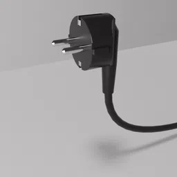 Highly detailed 3D angled electrical plug model with a realistic curved cable, designed for Blender rendering.