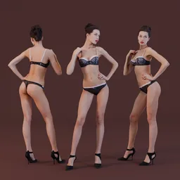 Photorealistic 3D model of poised woman in sophisticated black lace lingerie and high heels, ideal for fashion and glamour scenes.