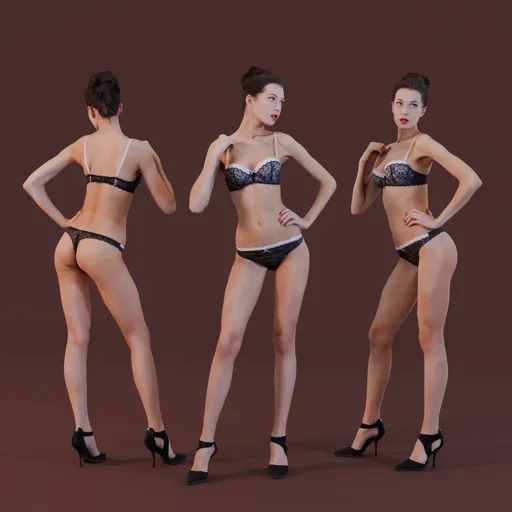 Photorealistic 3D model of poised woman in sophisticated black lace lingerie and high heels, ideal for fashion and glamour scenes.