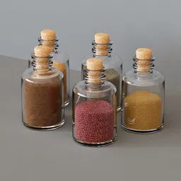 Four realistic Blender 3D glass containers with cork lids and various contents, detailed for render optimization.