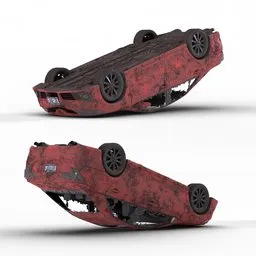 "3D model of a wrecked Toyota Camry 2013 car with a red body and black roof. The material is procedurally generated, perfect for Blender 3D. Front and side views available, with a desolate and apocalyptic feel."