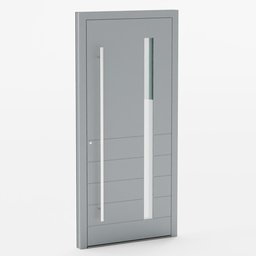 "Aluminium door with glass panel and electronic keypad, inspired by Gregorio Lazzarini and Donald Judd, in gray color. Highly detailed 3D model for Blender 3D, suitable for exterior locations. Features accent white lighting, trident design, and a white-grey color palette."