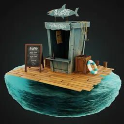 "Stylized beach shop with a small boat, fish market stalls, and intricate 3D sculpture. Inspired by Alfons Karpiński and created in Blender 3D. Perfect for animations and games in a Fortnite art style. Find this low poly model for Blender 3D at our online store!"