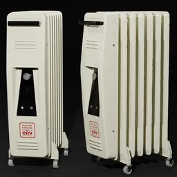 Detailed 3D vintage radiator model with wheels and retro design, suitable for Blender rendering.