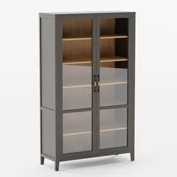 Realistic Blender 3D model rendering of a grey bookcase with glass doors and pine shelving, perfect for interior design visualization.