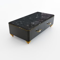 "Neoclassic coffee table with black marble top and gold handles, rendered in high detail in Blender 3D. Perfect for displaying books, magazines, snacks, and drinks. Add a touch of luxury to your 3D models with this designer furniture piece."