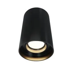 "Black overlay spot ceiling light - 3D model for Blender 3D. Close-up view of a black accent light on a white background. Features include Peugot Onyx design, recessed structure, carbon black and antique gold ring lighting, indoor dimming capability, angled walls, and OLED black circle. Ideal for creating stunning lighting effects in your 3D projects."