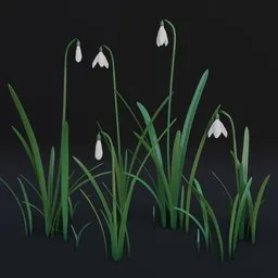 "Snowdrops Collection - a 3D model nature outdoor pack for Blender 3D featuring multiple variations of the flower optimized for realistic Cycles and Eevee rendering. Includes white ceramic shapes, rocky meadows, and gothic lighting for a romantic and decorative touch."