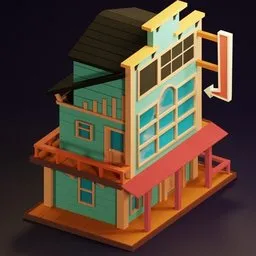 "Lowpoly home model for Blender 3D software, featuring a stylized building with a roof and window. This model is ideal for motion graphics and can be used in various creative projects. Created by Christopher Perkins, it includes elements like merchant stands and a Japanese neighborhood, making it versatile and engaging."